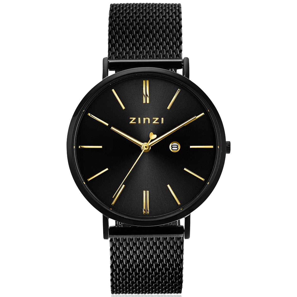 Schwarze Uhr aus Stahl mit schwarzem Zifferblatt und goldenen Zeigern, Mesh-Armband