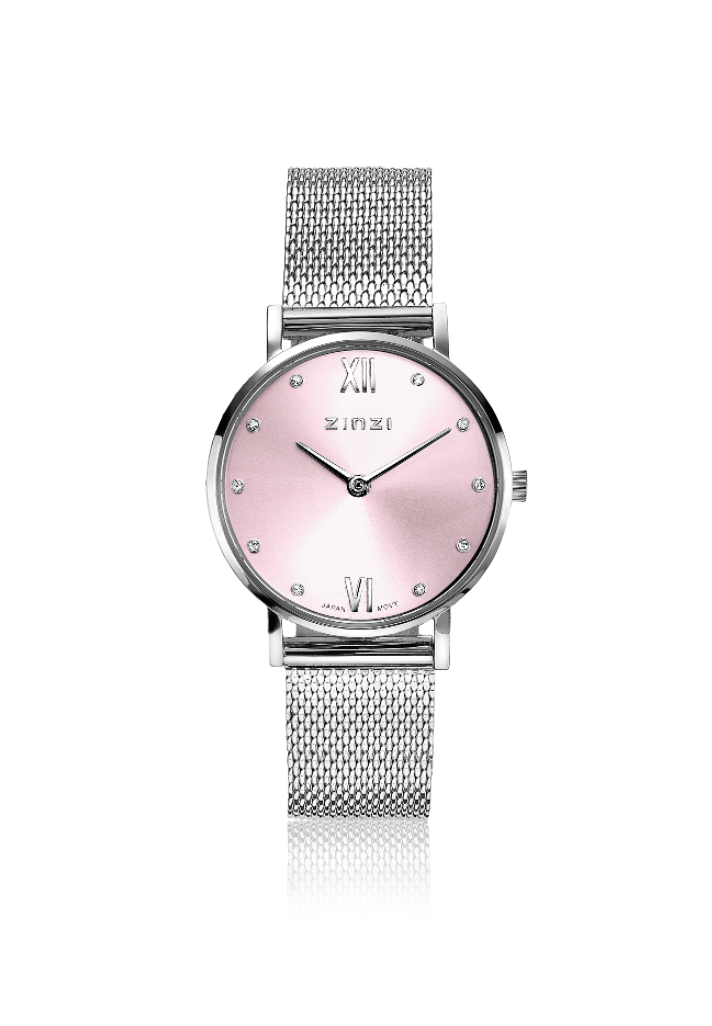 Silberfarbenes Stahl-Horloge mit rosafarbenem Zifferblatt und Mesh-Armband, besetzt mit Strasssteinen