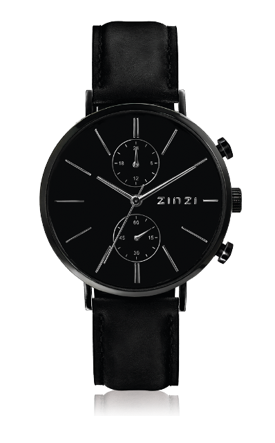 Schwarze Uhr aus Stahl mit schwarzem Zifferblatt und schwarzem Lederarmband, Chronograph mit zwei Ziffernblättern