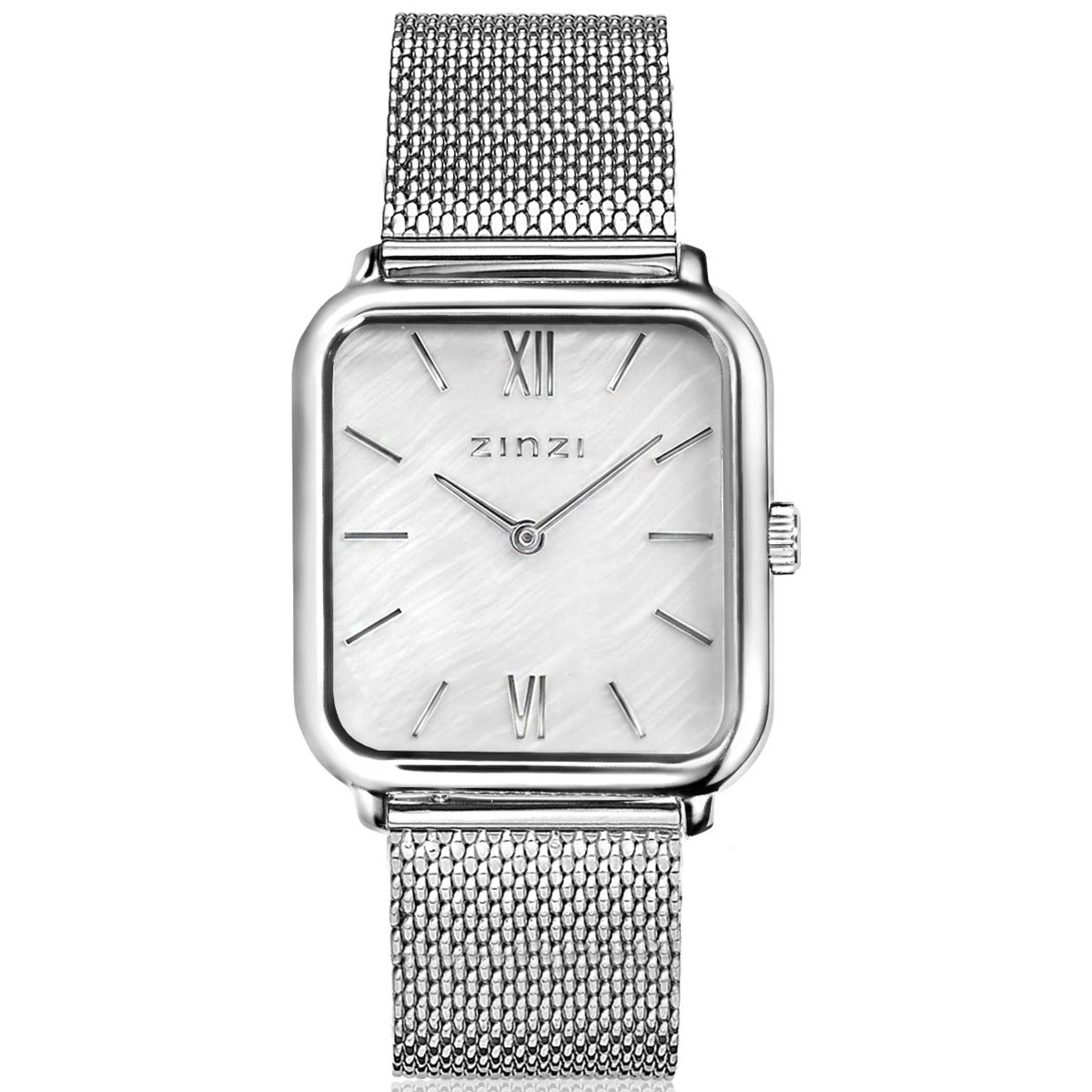 Silbernes Stahl-Horloge mit quadratischem Gehäuse und silbernem Mesh-Armband, mit silbernem Zifferblatt und römischen Ziffern